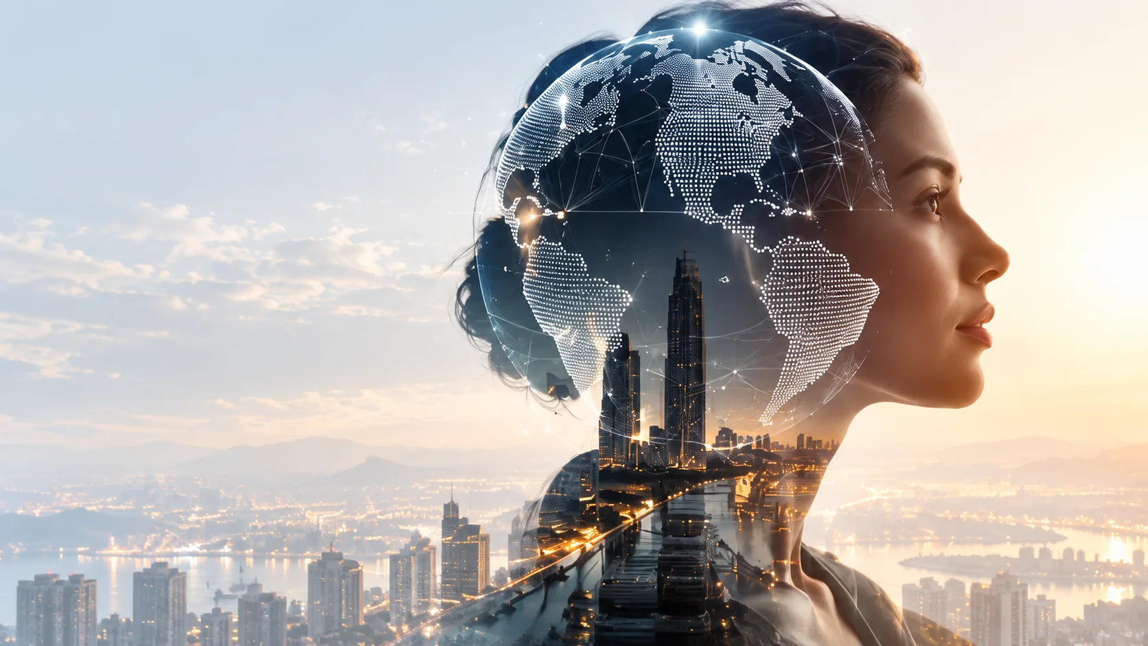 A city skyline and connected globe overlaid on a profile looking toward the horizon