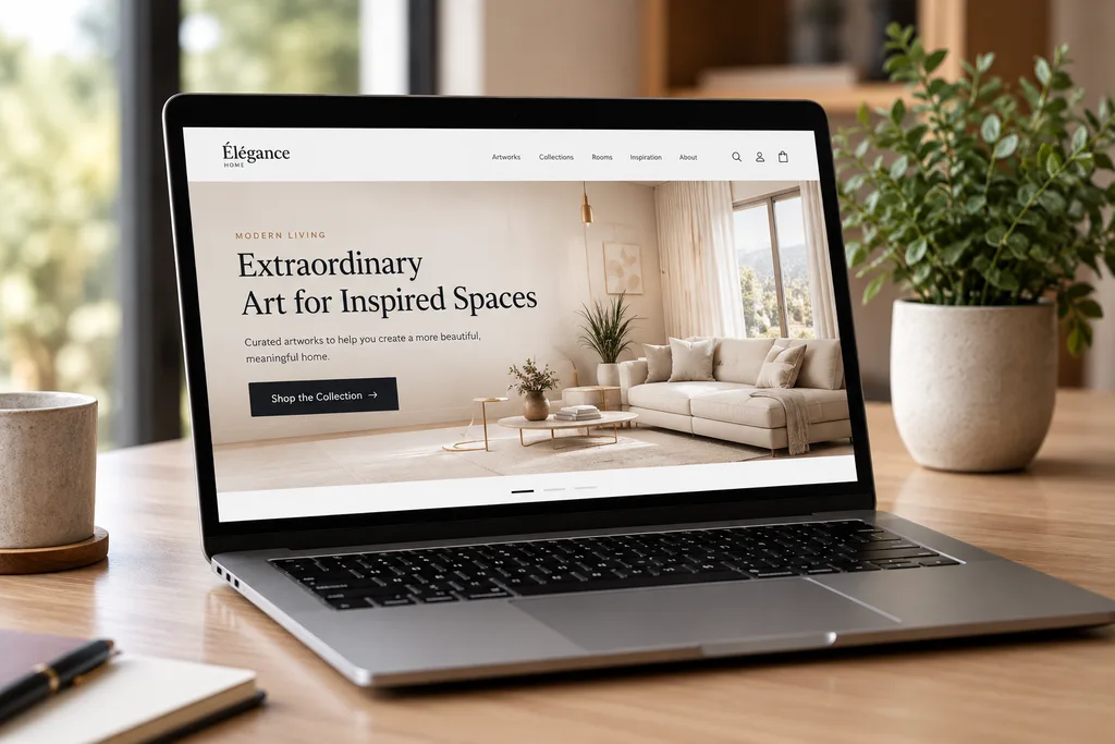 Illustrative home decor e-commerce experience displayed on a laptop in a workspace